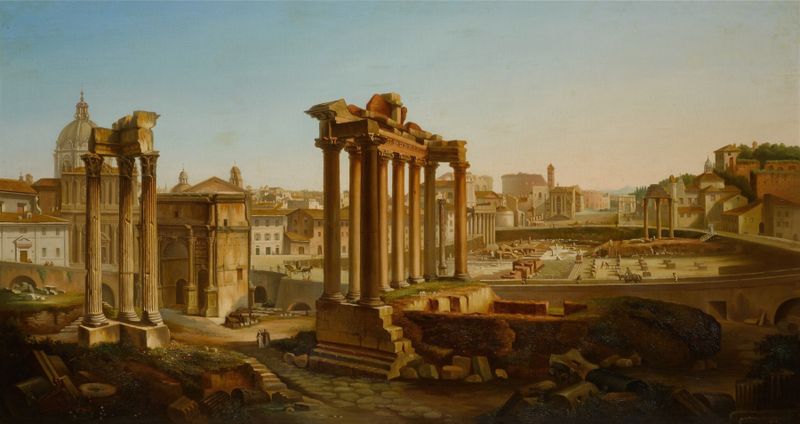 O Fórum, Roma de Filippo Giuntotardi, pintura a óleo que retrata ruínas antigas e arquitetura.