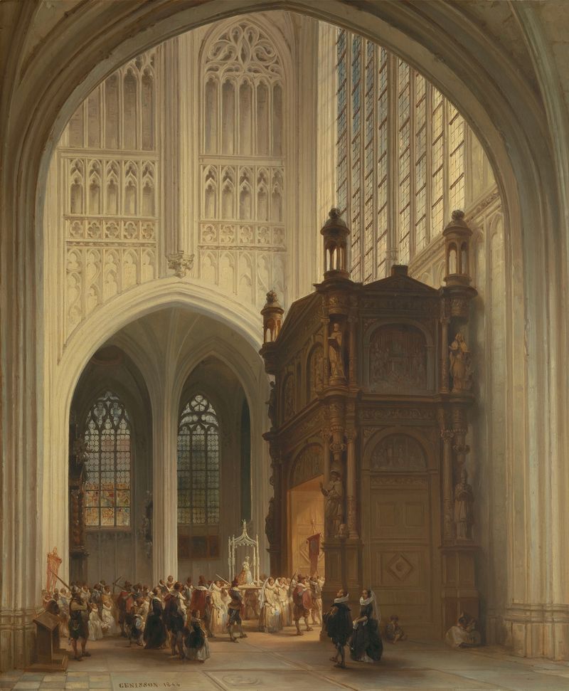 Interior of Saint Peter’s Church in Louvain, oil painting by Jules Victor Génisson, featuring light and arches.