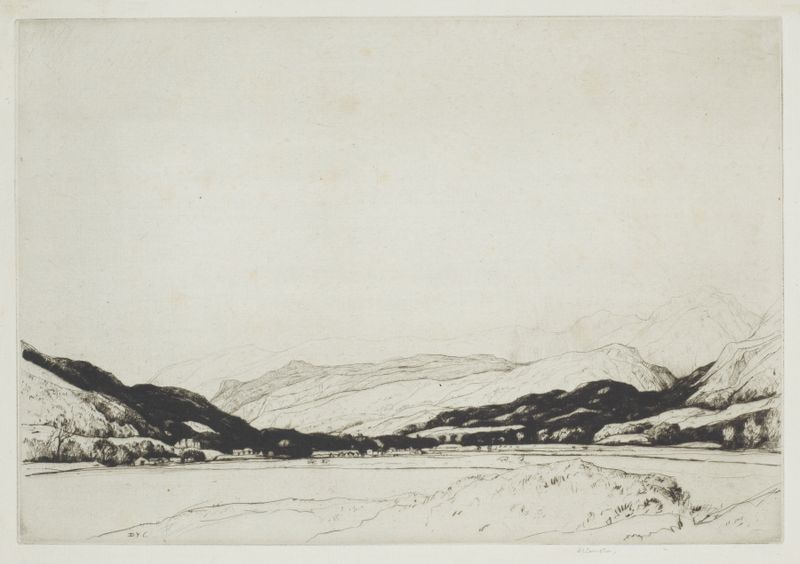 Balquhidder de David Young Cameron, pintura al óleo que presenta un río y colinas.