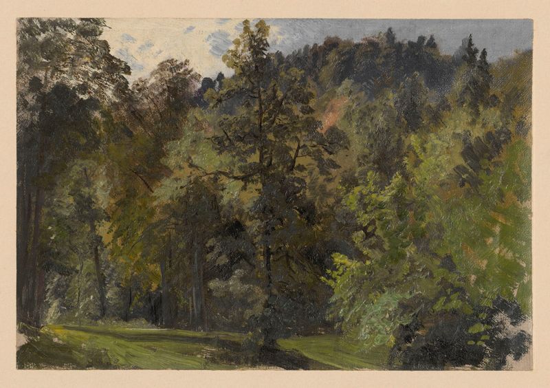 Árvores no vale de Szczawnik de Adolf Dressler, óleo sobre tela, retratando uma paisagem serena