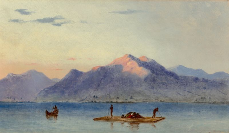 Fishing on the Lake of Managua, Nicaragua by Judah Levasseur, oil on canvas depicting fishermen on a tranquil lake.