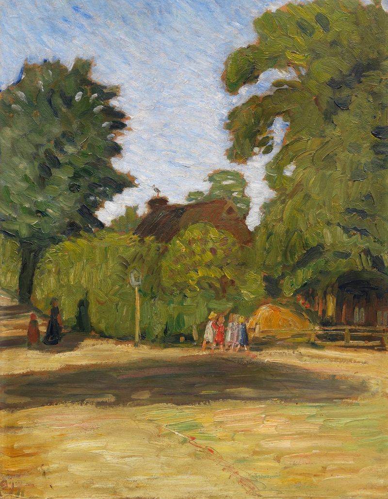 Escena de género que representa a niñas jugando al atardecer, pintura al óleo de Otto Modersohn