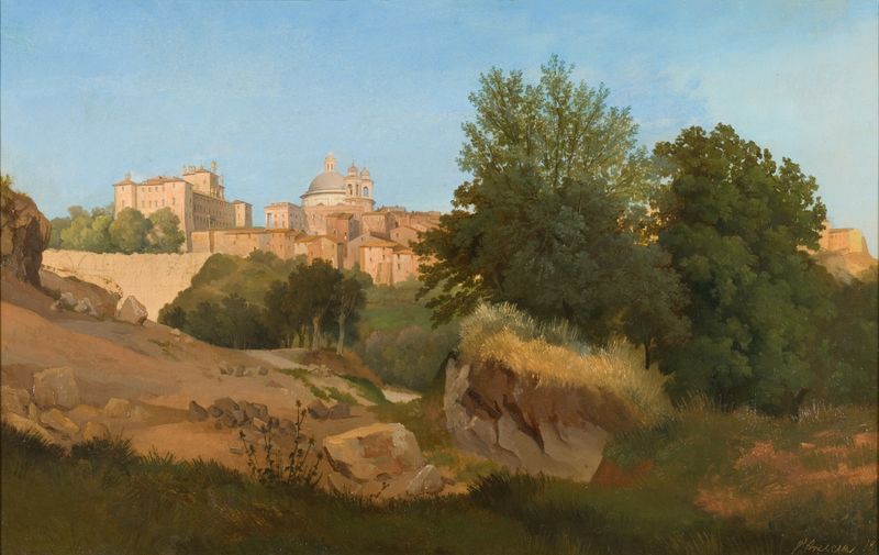View of Ariccia by Gustaf Wilhelm Palm, oil painting depicting hills and a vast sky.