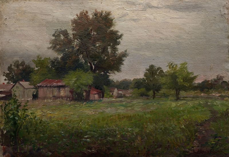 Landscape oil painting by Robert Jenkins Onderdonk featuring rolling hills and fields at dawn