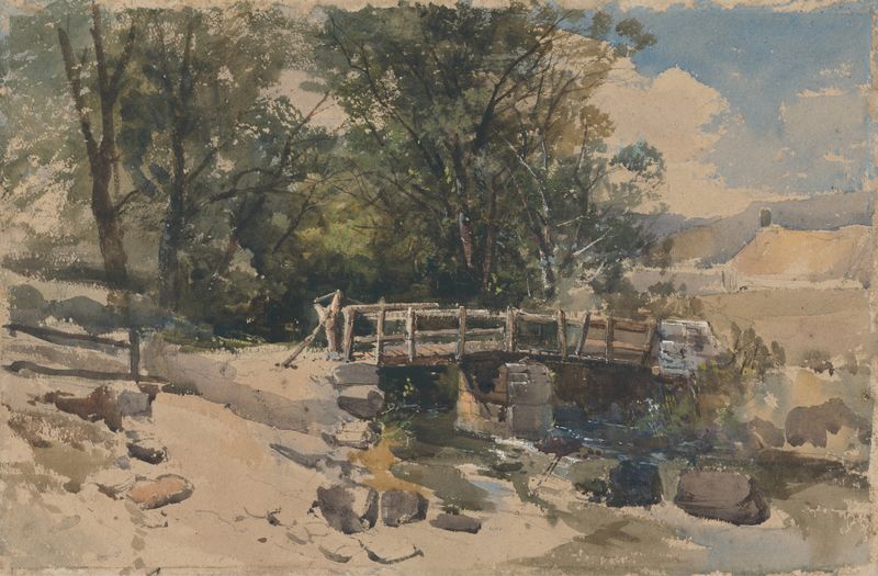 Paisaje con un puente, pintura al óleo de William James Müller