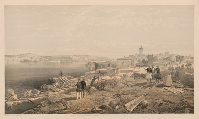 Landscape of Sebastopol ruins at dusk, ink on paper by William Simpson
