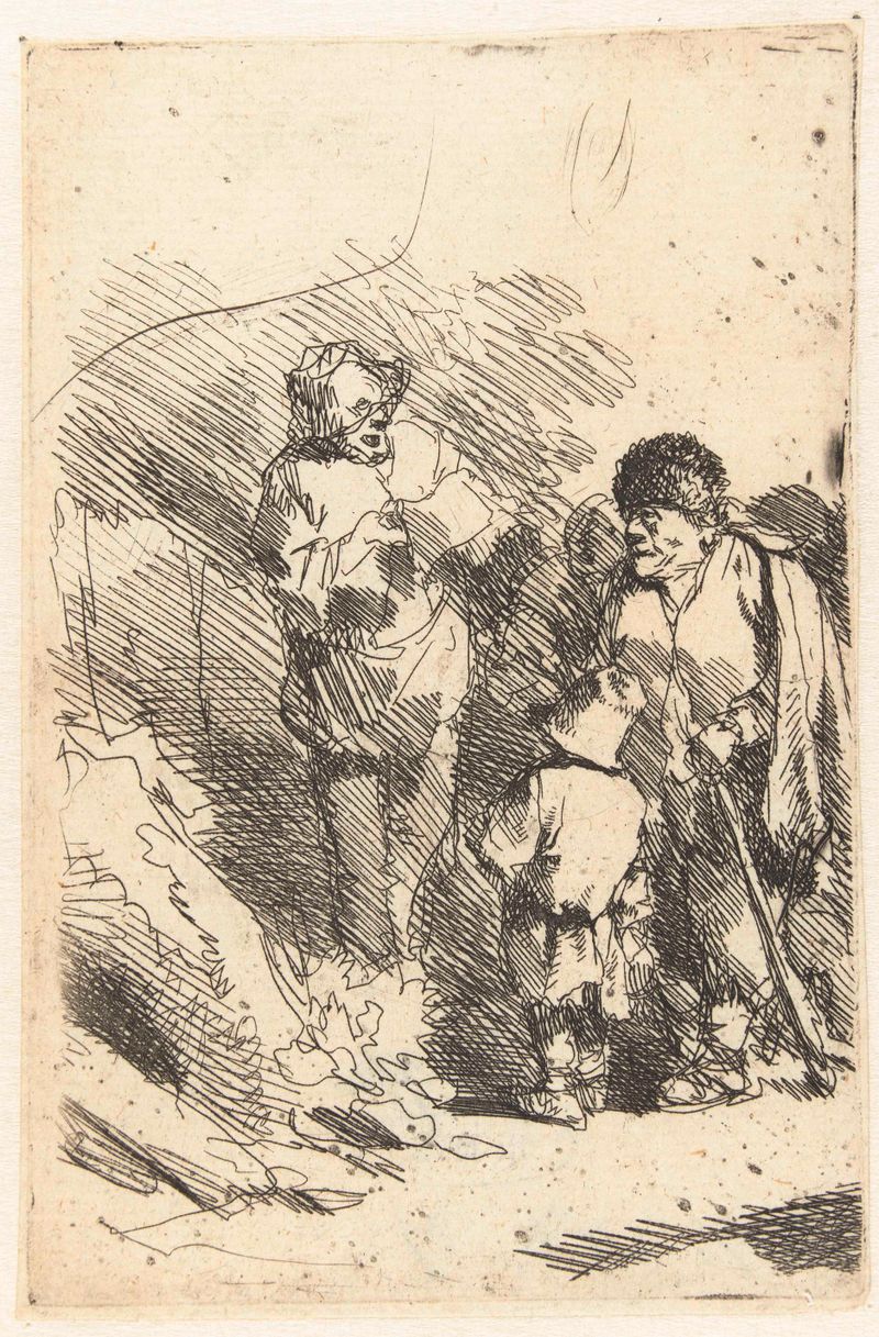 Etching by Cornelis Pietersz. Bega of a singing man with an audience, including a child.