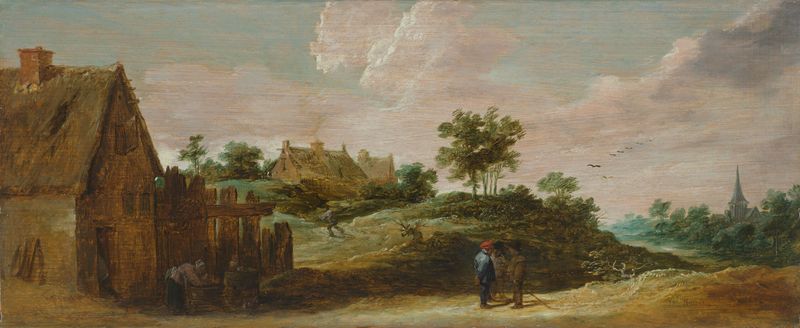Escena de género de una lavandera junto a un arroyo, óleo sobre panel de David Teniers II