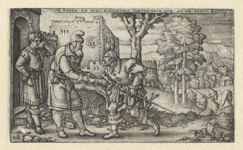 Gravura de Hans Sebald Beham retratando o filho pródigo com figuras expressivas
