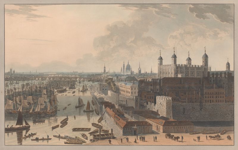 Acuarela de William Daniell que representa un tranquilo estanque reflejando el paisaje.