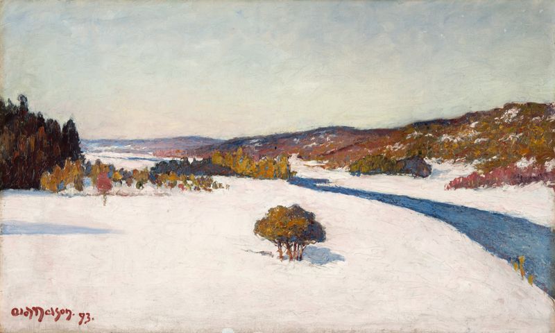 Winter Landscape by Olof Sager-Nelson, oil painting depicting a snowy forest path.