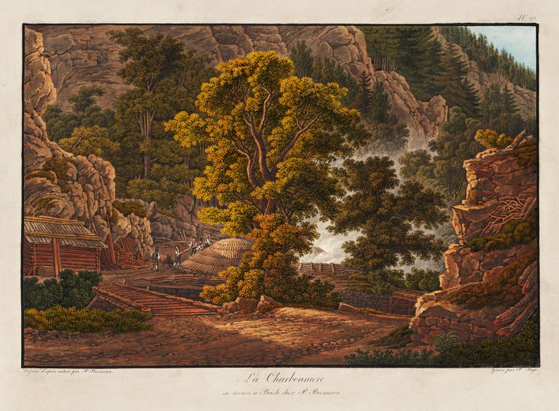 La Charbonniere de Peter Birmann, que representa un paisaje con una figura cosechando carbón.