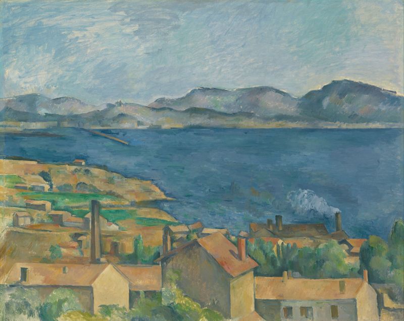 Pintura a óleo de A Baía de Marselha de Paul Cezanne, com mar e penhascos.