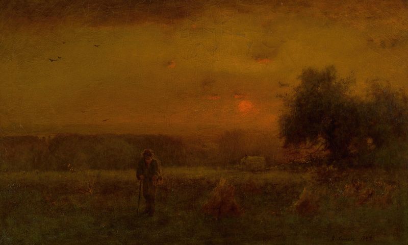 Evening Glow de George Inness, pintura al óleo que representa un paisaje al atardecer con neblina dorada y nubes.
