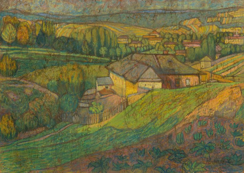 Pohľad na Kalváriu by Konštantín Kövári-Kačmarik, landscape with cross silhouette, unknown medium.