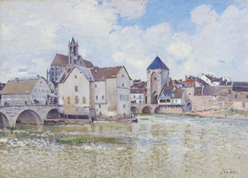 Le Pont de Moret de Alfred Sisley, óleo de un puente sobre un río con vegetación y reflejos.