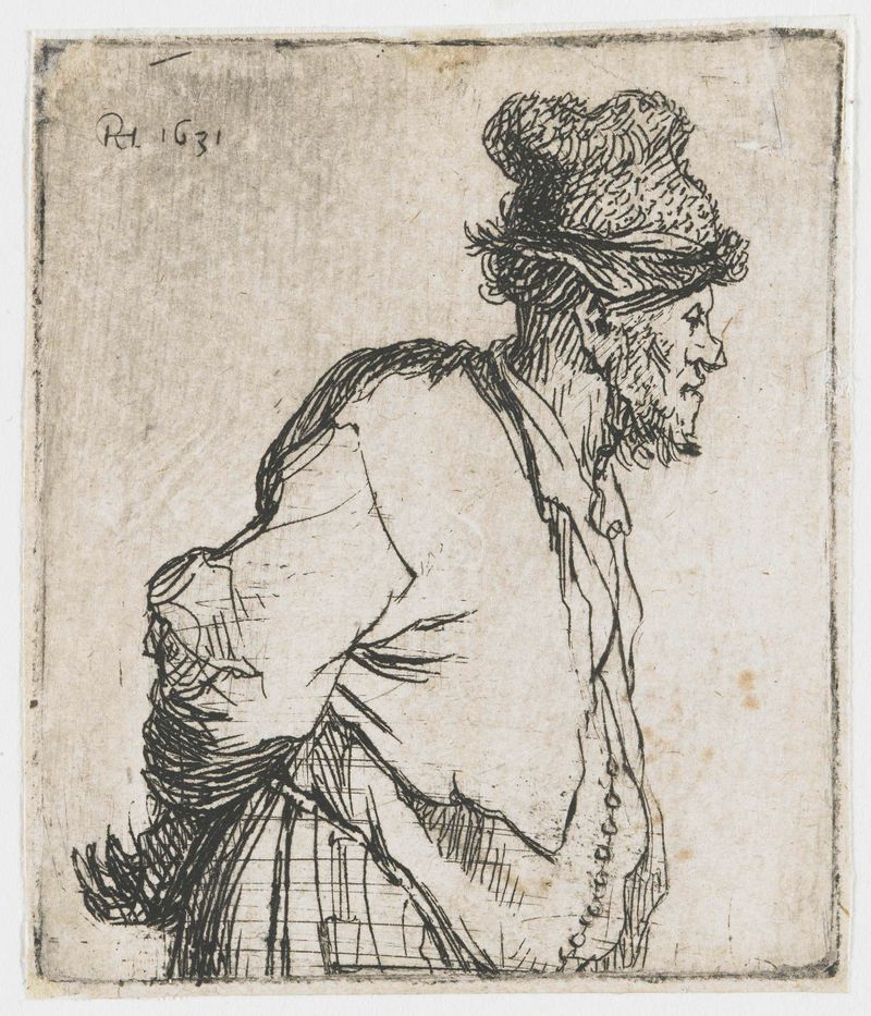Gravura de Rembrandt van Rijn mostrando um mendigo e uma mulher com uma cabaça