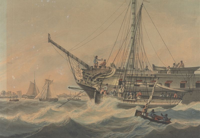 Oil painting by Samuel Atkins depicting ships on a calm ocean