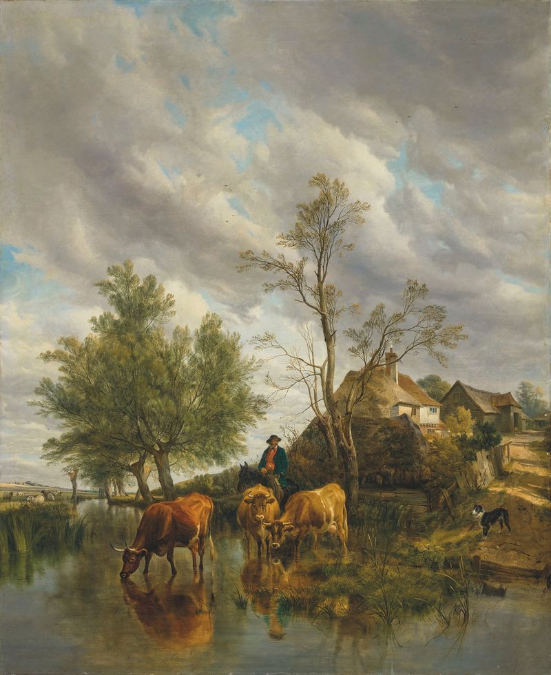 A Brook in the Meadows, pintura a óleo de Thomas Sidney Cooper, retratando uma paisagem tranquila com um riacho.