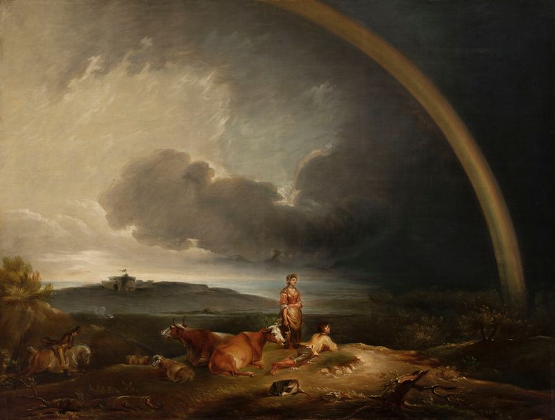 Landscape with a rainbow by Peter Francis Bourgeois, oil painting depicting a lush landscape and a vibrant rainbow.