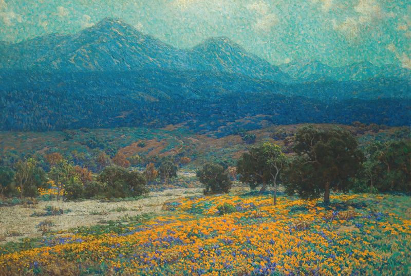 California Poppy Field by Granville Redmond, oil painting depicting vibrant poppies in a landscape.
