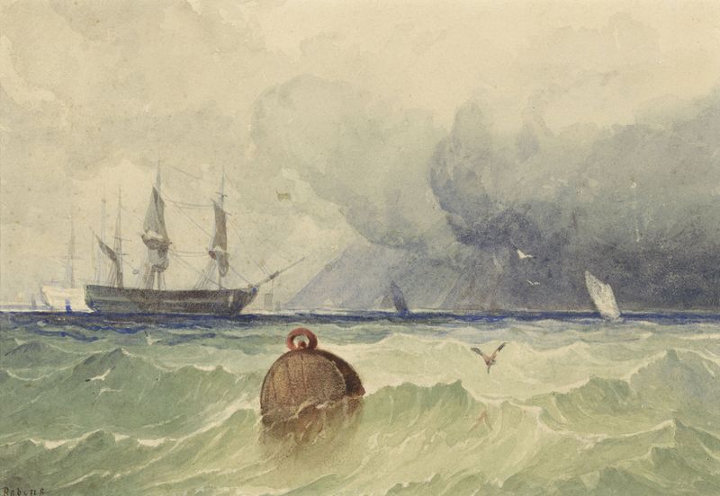 Marine scene with ships at anchor in a stormy sky by Thomas Sewell Robins, oil painting