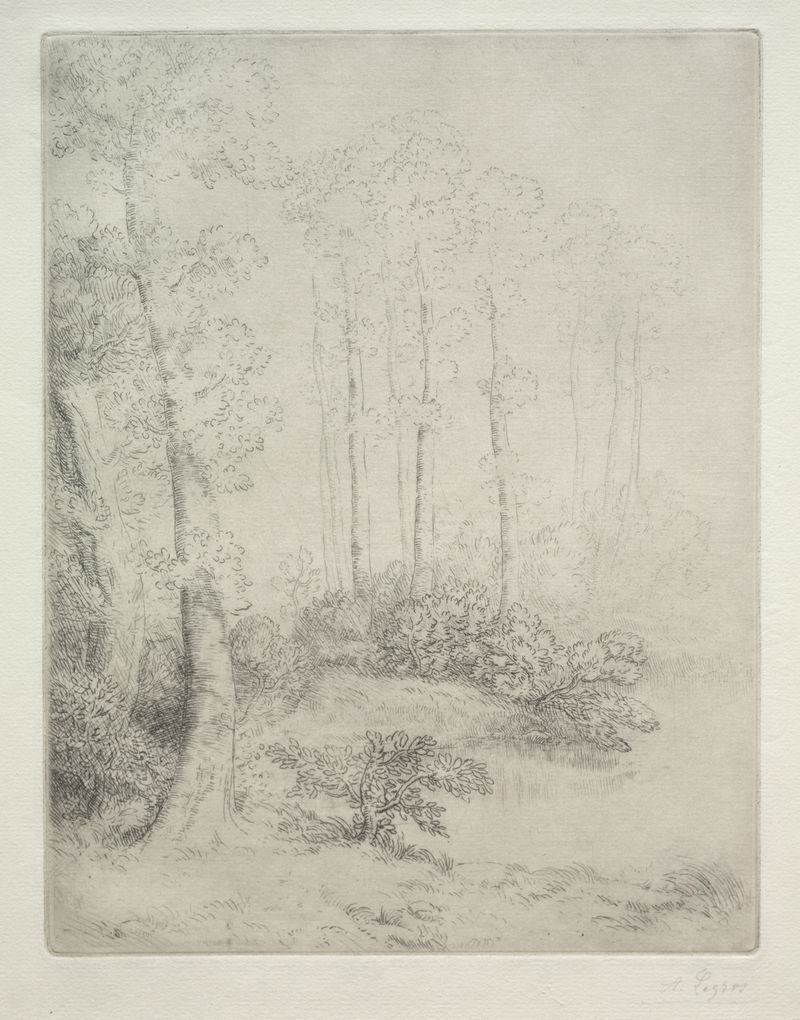 Edge of the Water de Alphonse Legros, pintura a óleo que retrata reflexos na água e silhuetas.