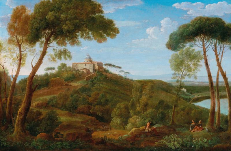 Castel Gandolfo de Henrik Frans van Lint, pintura al óleo con reflexiones al atardecer.