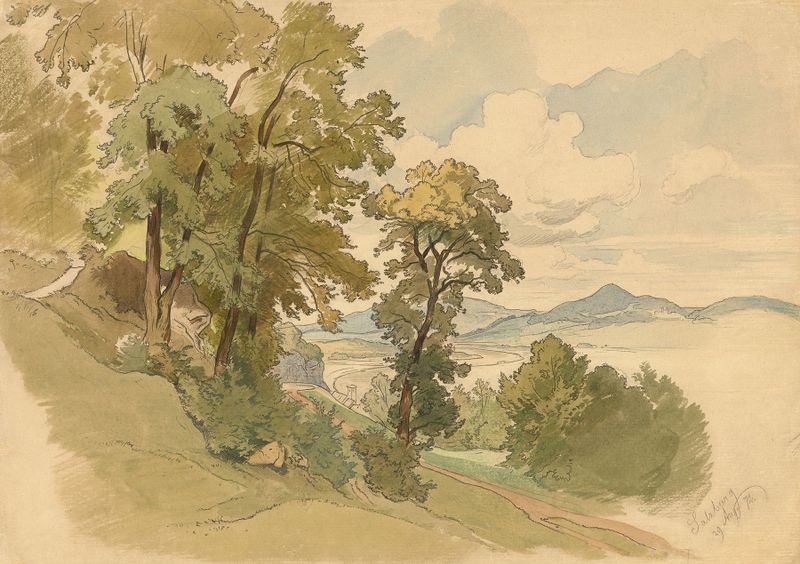 Flußlandschaft bei Salzburg, oil painting by Friedrich Preller the Elder, depicting a tranquil river landscape.