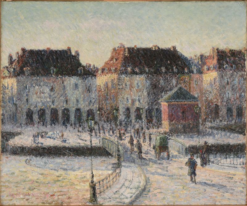 Le pont de la Poissonnerie à Dieppe de Gustave Loiseau, óleo sobre tela que retrata uma ponte de pesca e o mar.