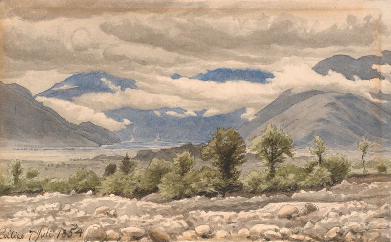 Paisagem italiana com colinas e nuvens de P. C. Skovgaard, pintura a óleo