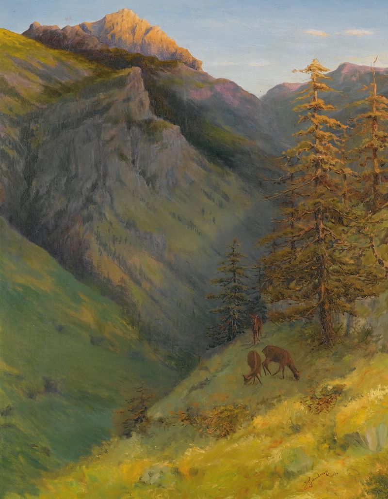 Landscape oil painting by Hans Gantner depicting mountains and a valley.