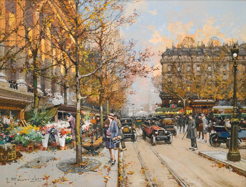 Place De La Madeleine by Eugène Galien-Laloue, oil on canvas depicting a lively Paris street scene