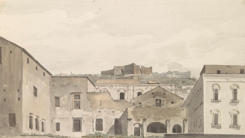 Watercolour by Abraham-Louis-Rodolphe Ducros depicting Castel Sant’Elmo and a lush landscape.