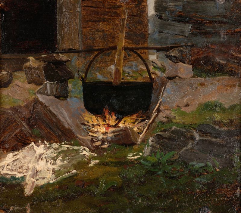 Vaskegryte de Amaldus Nielsen, pintura a óleo que retrata mulheres perto de um rio com cores vibrantes.