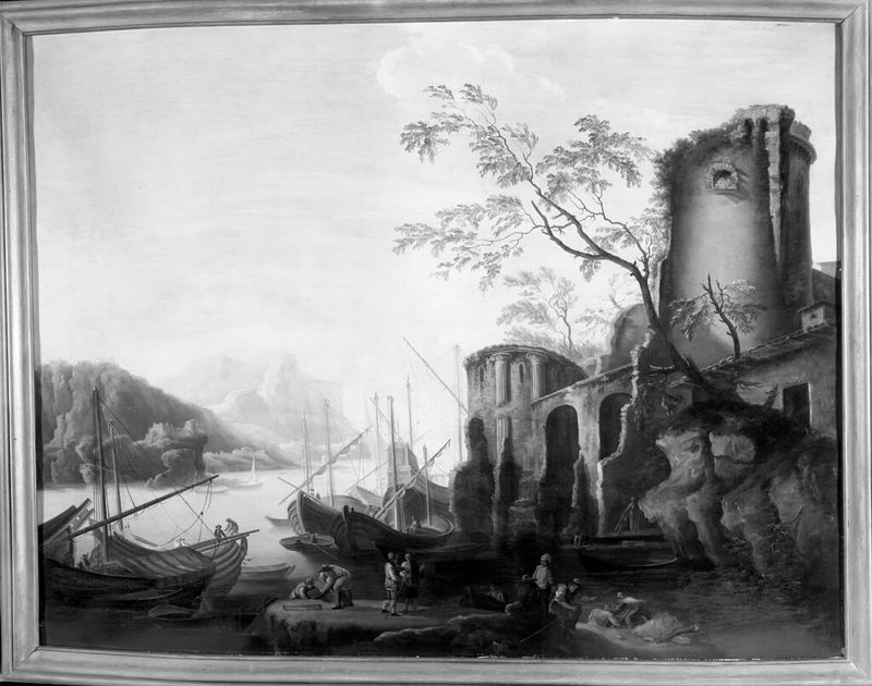 Cena de porto com uma torre, óleo sobre tela de Salvator Rosa