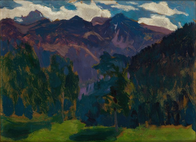 Landscape from the Tatra Mountains de Jan Stanisławski, óleo que muestra montañas y un valle vibrante.