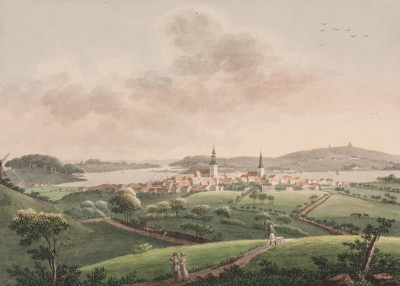 Svendborg de Søren L. Lange, paisaje con luz dorada, pintura al óleo