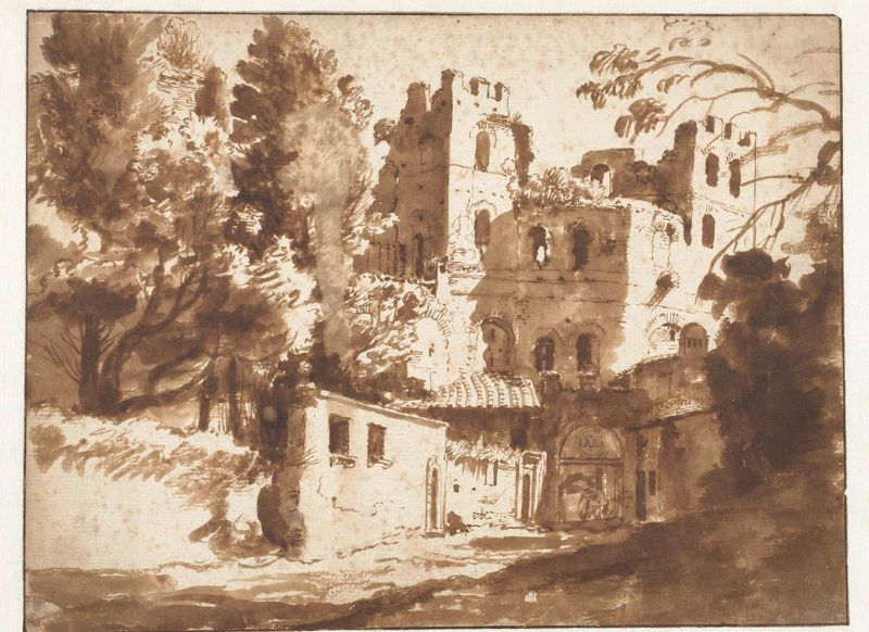 De Porta Pinciana te Rome by Herman van Swanevelt, depicting an archway in a landscape.