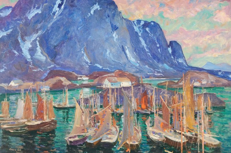 The Fleet by Jonas Lie, oil painting of boats at dock with gentle waves