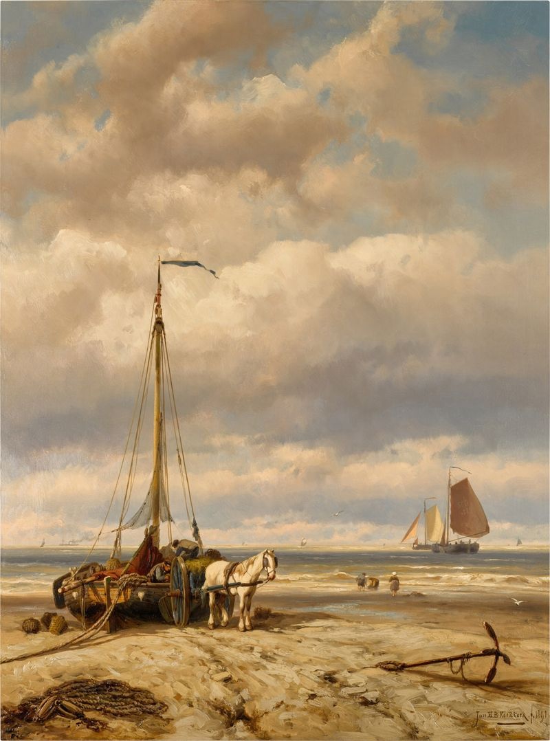 Oil painting by Johannes Hermanus Barend Koekkoek depicting fishermen unloading their catch.