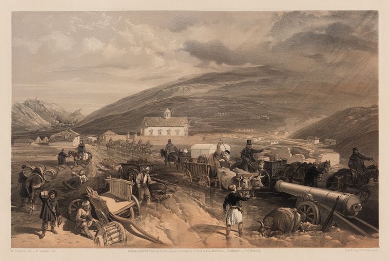 Acuarela de William Simpson que muestra un paisaje con un camino a Sebastopol durante el clima lluvioso.