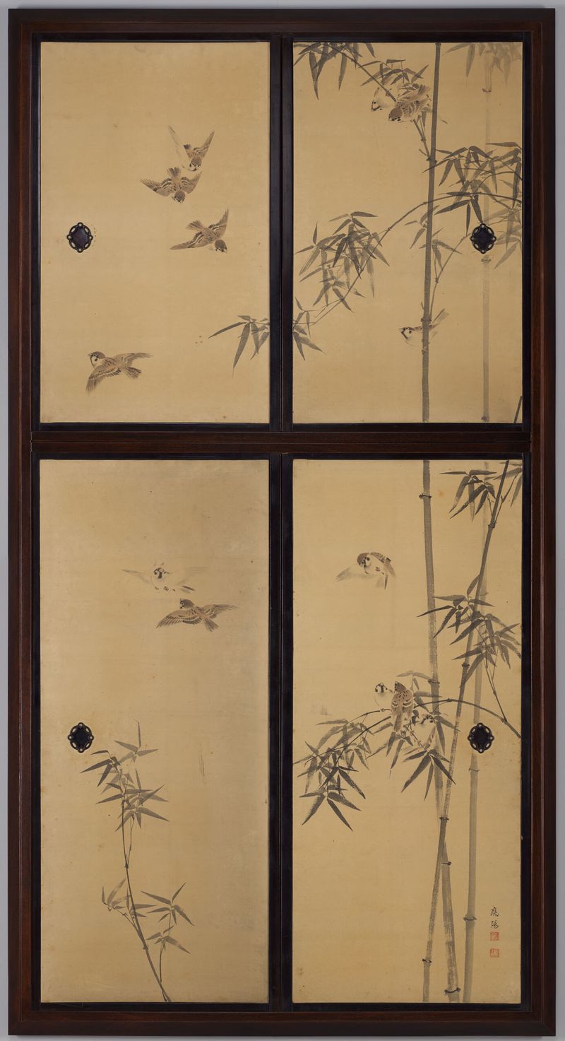 Bamboo and Sparrows de Kunii Oyo, medio de seda que representa bambú y gorriones.