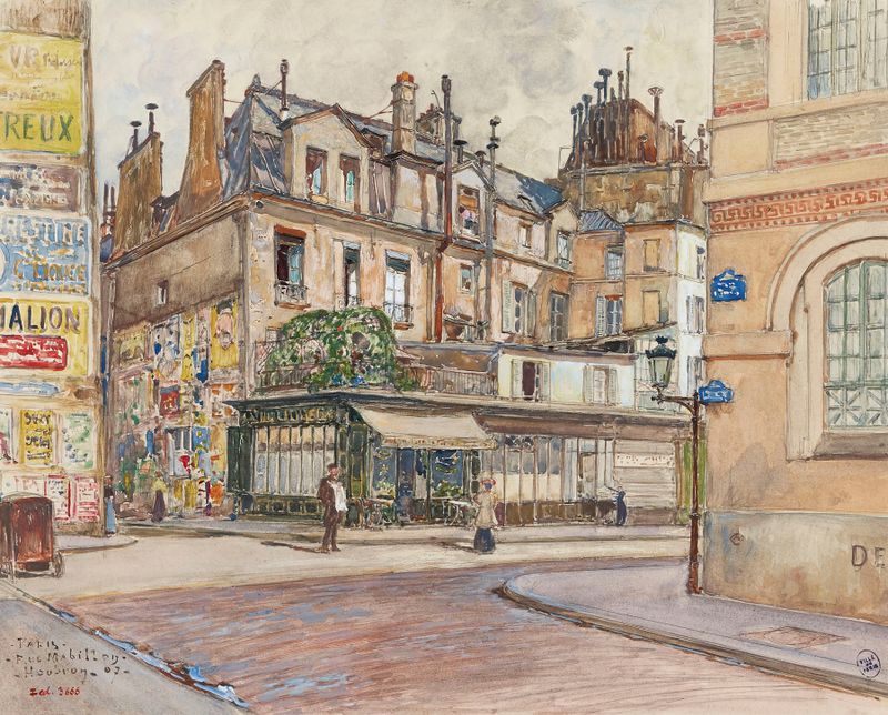 Landscape of cobblestone street and buildings in oil on canvas by Frédéric Houbron