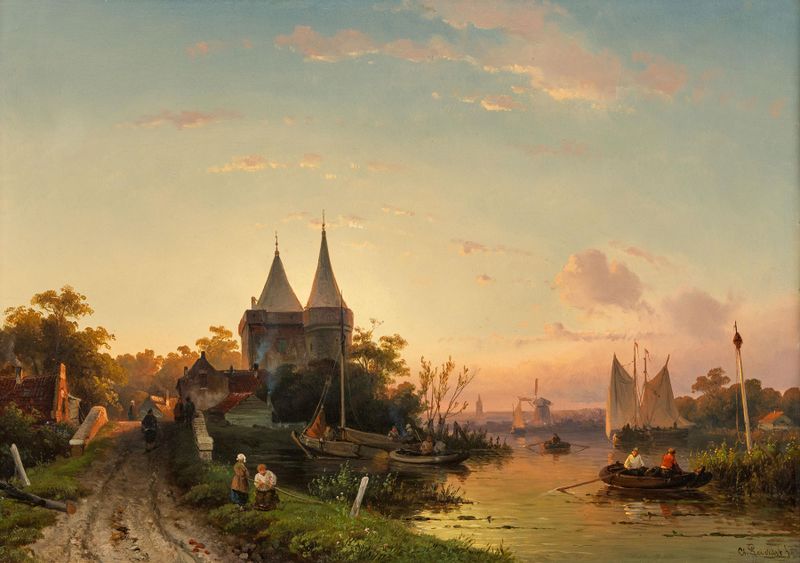 Sommerliche Flusslandschaft de Charles Leickert, óleo sobre lienzo que representa un río y un bosque.