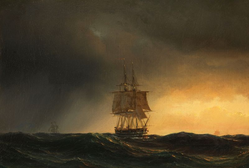 Cena marinha com um navio navegando no oceano por Anton Melbye, pintura a óleo