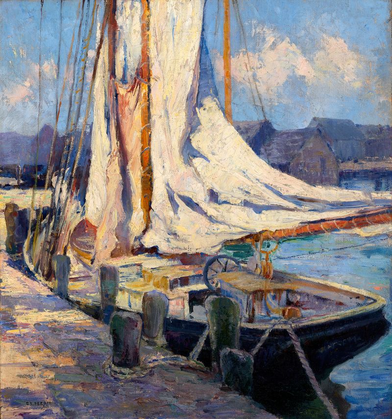 Wharf Scene, Gloucester de Bertha Eversfield Perrie, óleo sobre lienzo que muestra barcos descansando en el agua