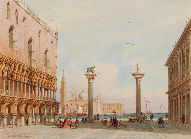 Pintura al óleo de Carl Friedrich Heinrich Werner que muestra la Piazzetta en Venecia con el Palacio Ducal.