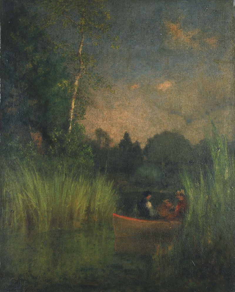 Dusk in the Rushes de George Inness, pintura a óleo que mostra juncos ao pôr do sol
