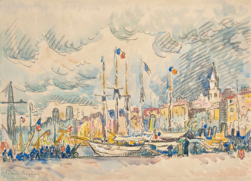 Pintura a óleo de Paul Signac representando uma cena de porto com barcos e um céu brilhante.